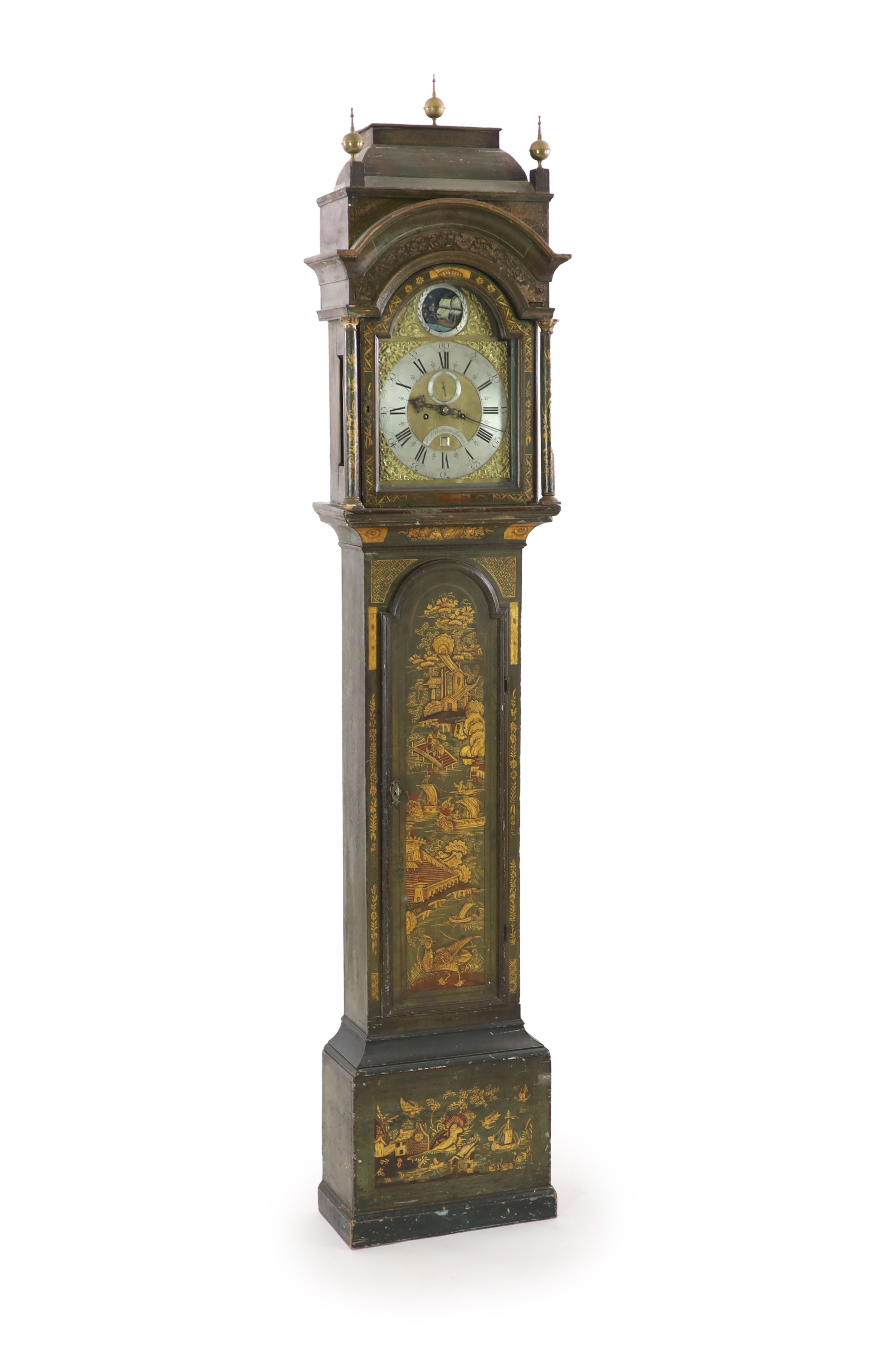 William Pridham of London. A George III green lacquered longcase clock, W.51cm H.136cm